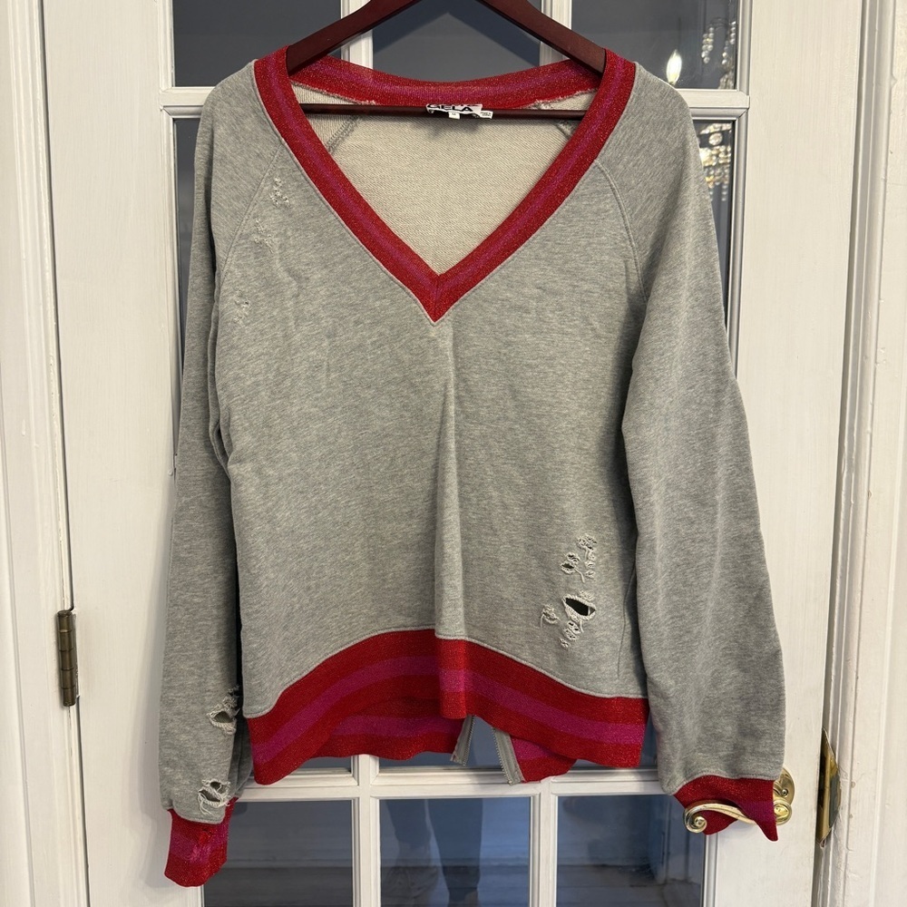 PAM & GELA Women’s Gray Red Sparkle Trim Distressed V-Neck Sweatshirt Size M